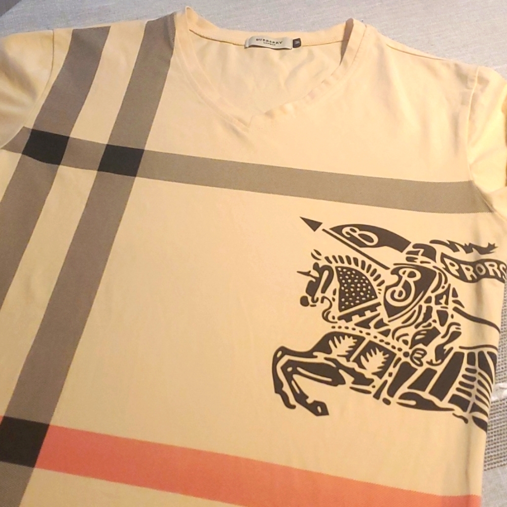 Burberry Womans Vneck Tshirt, Tan with Burberry print on front. Medium